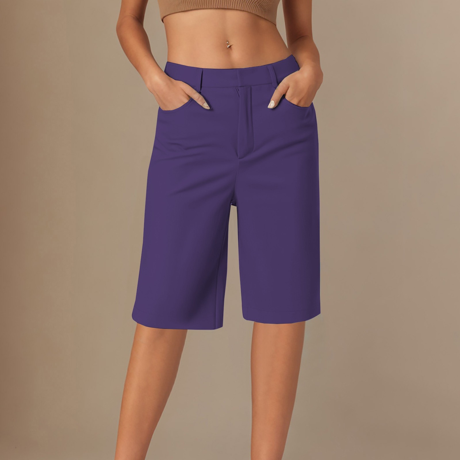 thumbnail image 2 of Leggings de sarga elásticos de cinco octavos para mujer: pantalones informales de pierna recta, cómodos para el uso diario, disponibles en colores lisos., 2 of 4